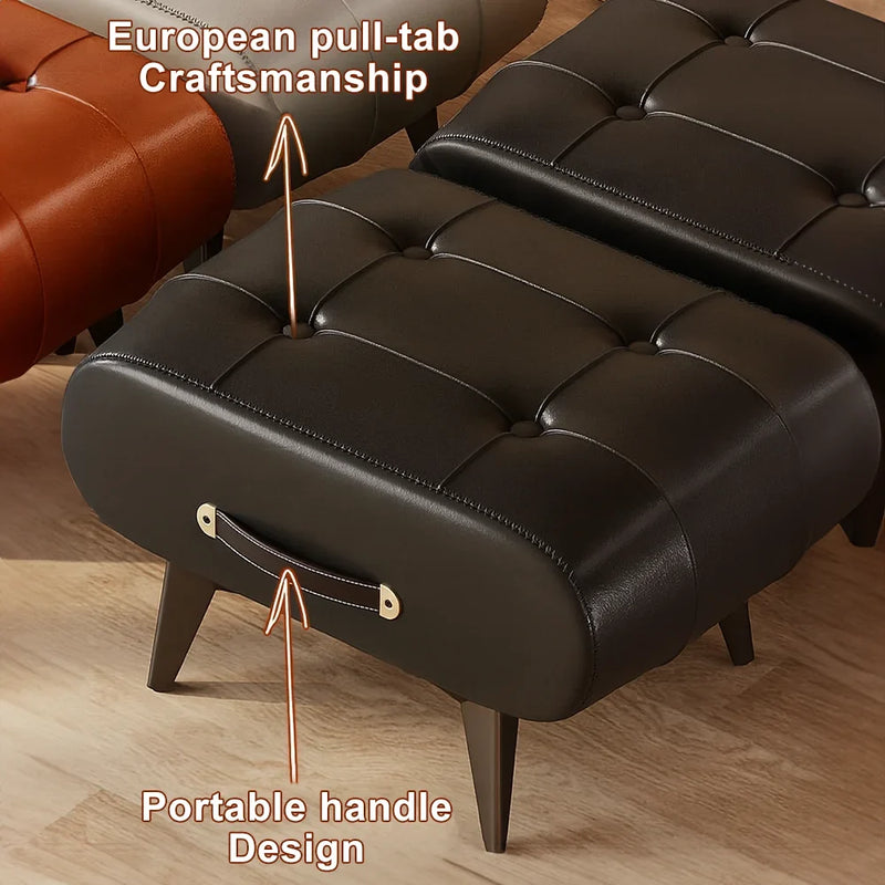 Black Square Faux Leather Stool - Modern Luxury Ottoman for Living Room Home Decor