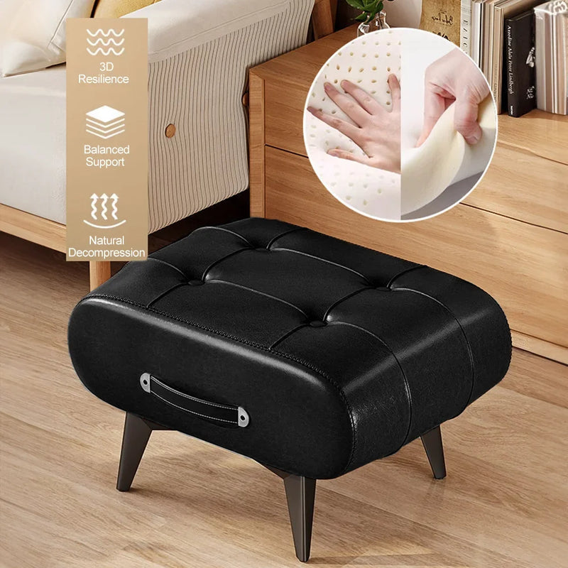Black Square Faux Leather Stool - Modern Luxury Ottoman for Living Room Home Decor