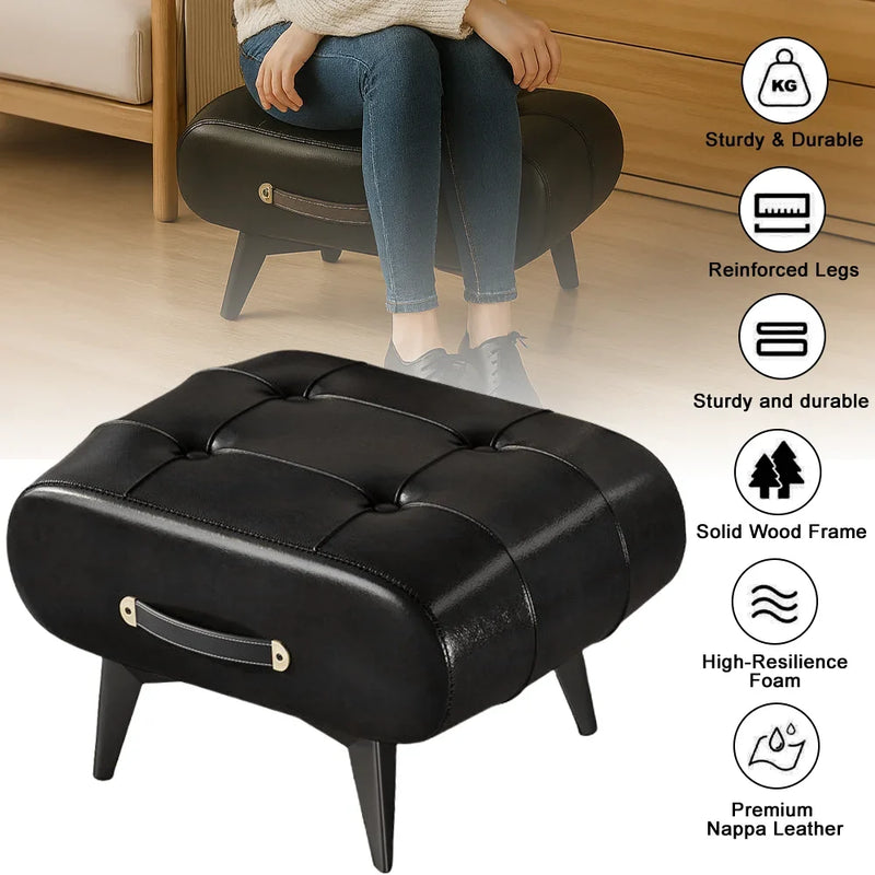 Black Square Faux Leather Stool - Modern Luxury Ottoman for Living Room Home Decor
