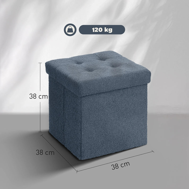 Foldable Sherpa Fleece Storage Ottoman Cube Footstool Blue - Living Room Bedroom Stool