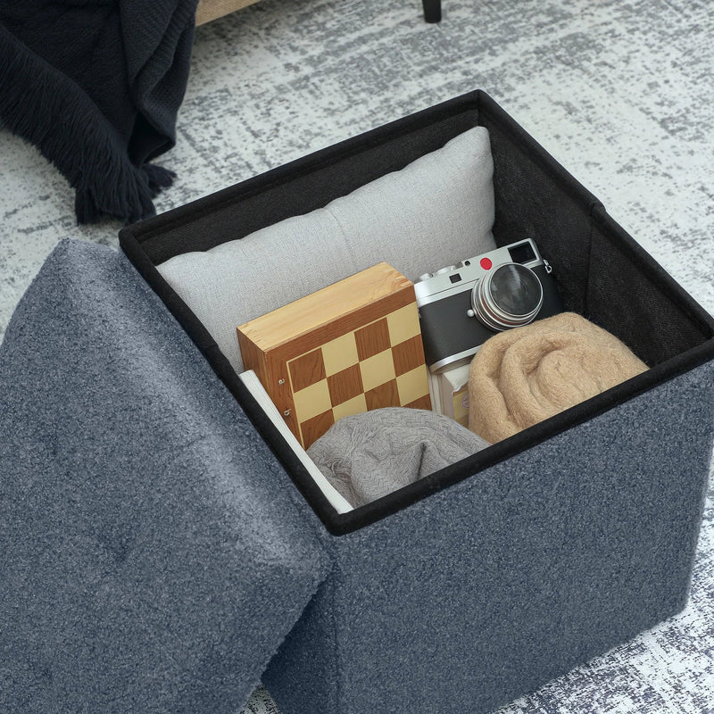 Foldable Sherpa Fleece Storage Ottoman Cube Footstool Blue - Living Room Bedroom Stool