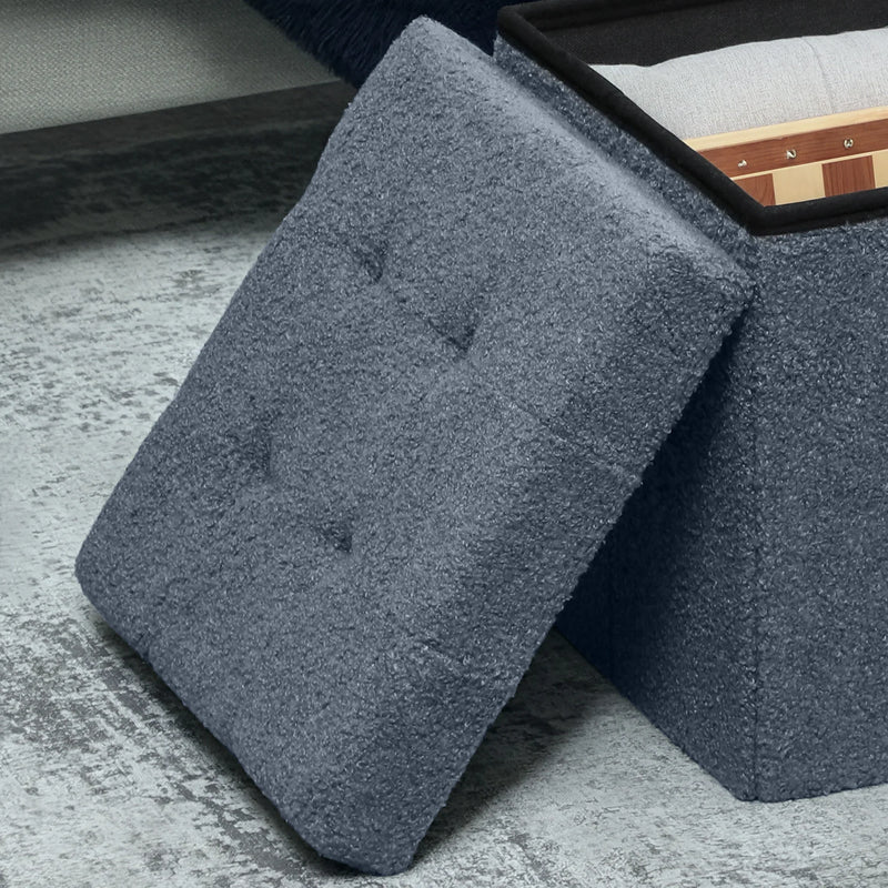 Foldable Sherpa Fleece Storage Ottoman Cube Footstool Blue - Living Room Bedroom Stool