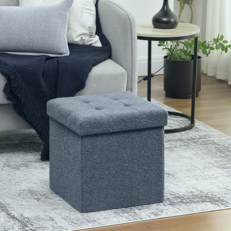 Foldable Sherpa Fleece Storage Ottoman Cube Footstool Blue - Living Room Bedroom Stool