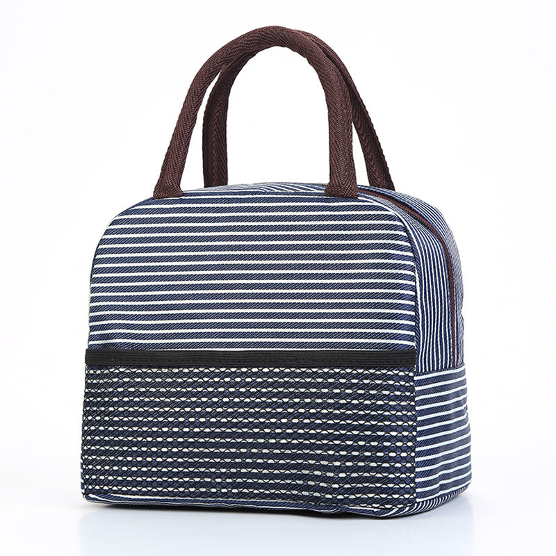 Classic Striped Lunch Bag Portable Insulated Fabric Lunch Box Tote Handbag