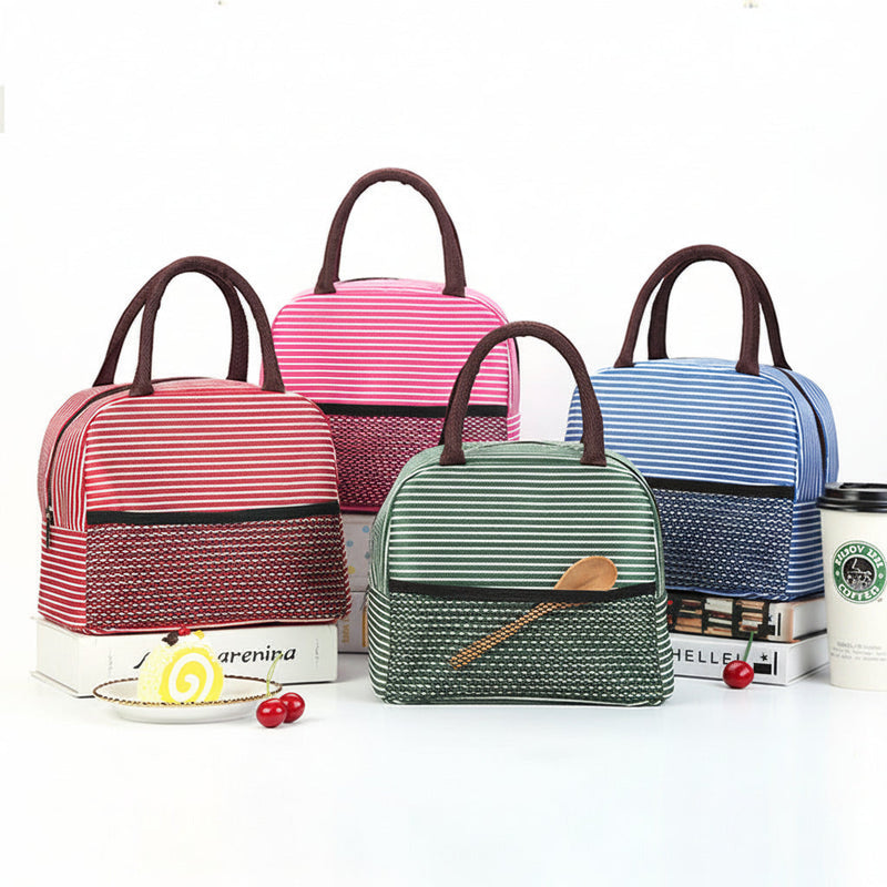 Classic Striped Lunch Bag Portable Insulated Fabric Lunch Box Tote Handbag