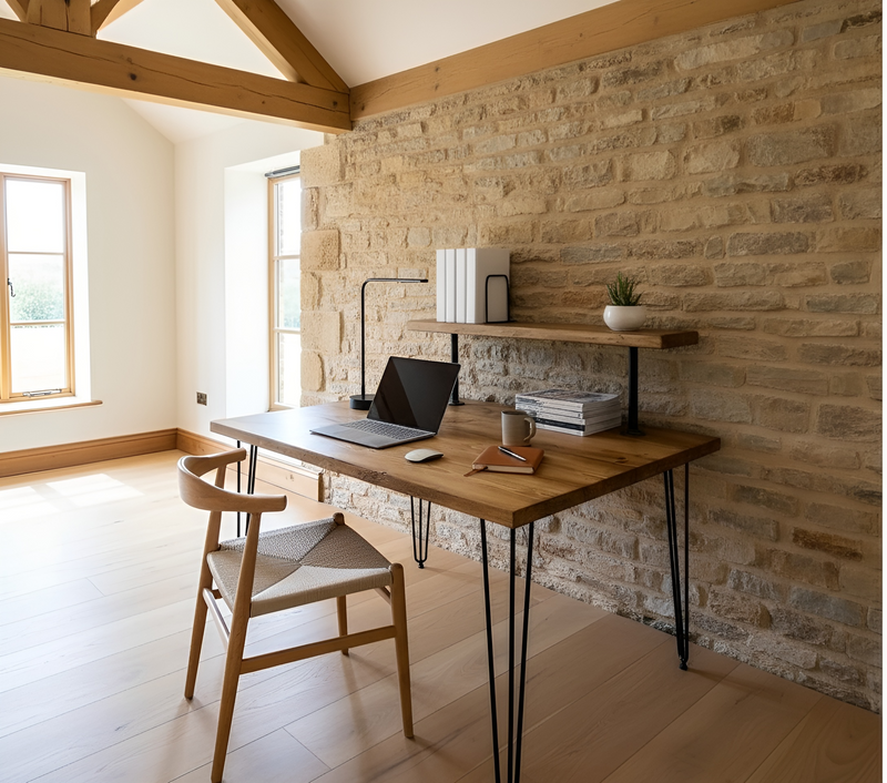 Handcrafted Wooden Study Desk with Shelf & Hairpin Legs