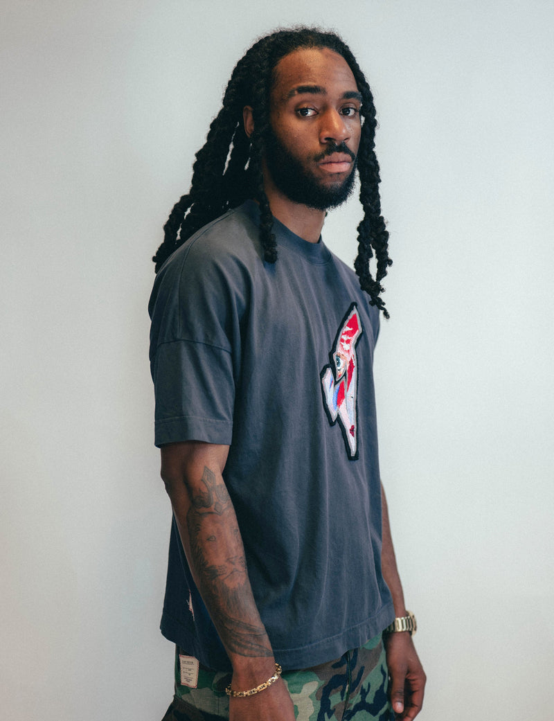 ST 'A Lad Insane' Embroidery Patch T-Shirt in Blue/Grey (Oversized Fit)