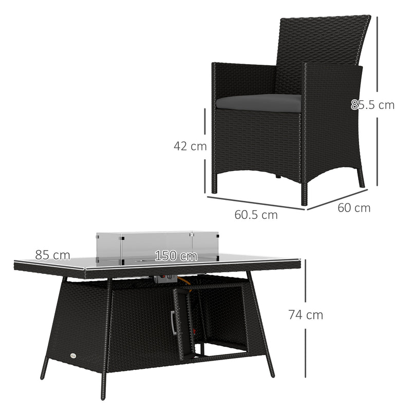 Outsunny Rattan Dining Set with Fire Pit Table and Armchairs, Black