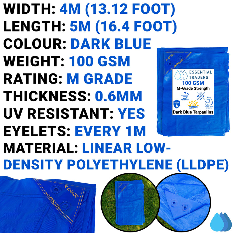 4m x 5m Blue LLDPE Tarpaulins, M-Grade 100 GSM