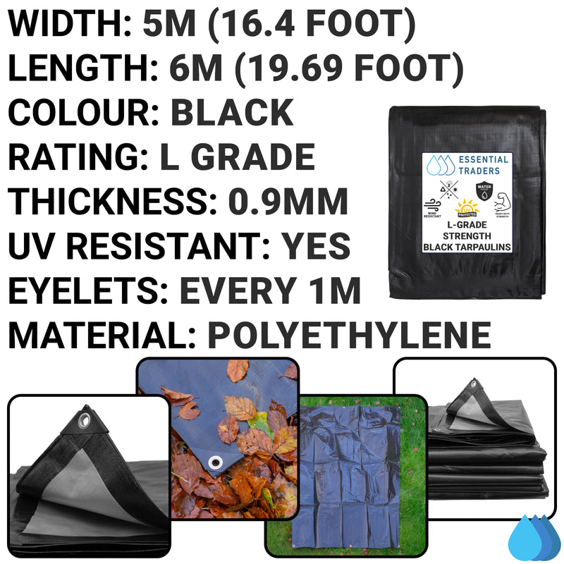 5m x 6m Black & Silver Tarpaulins, L-Grade 220 GSM