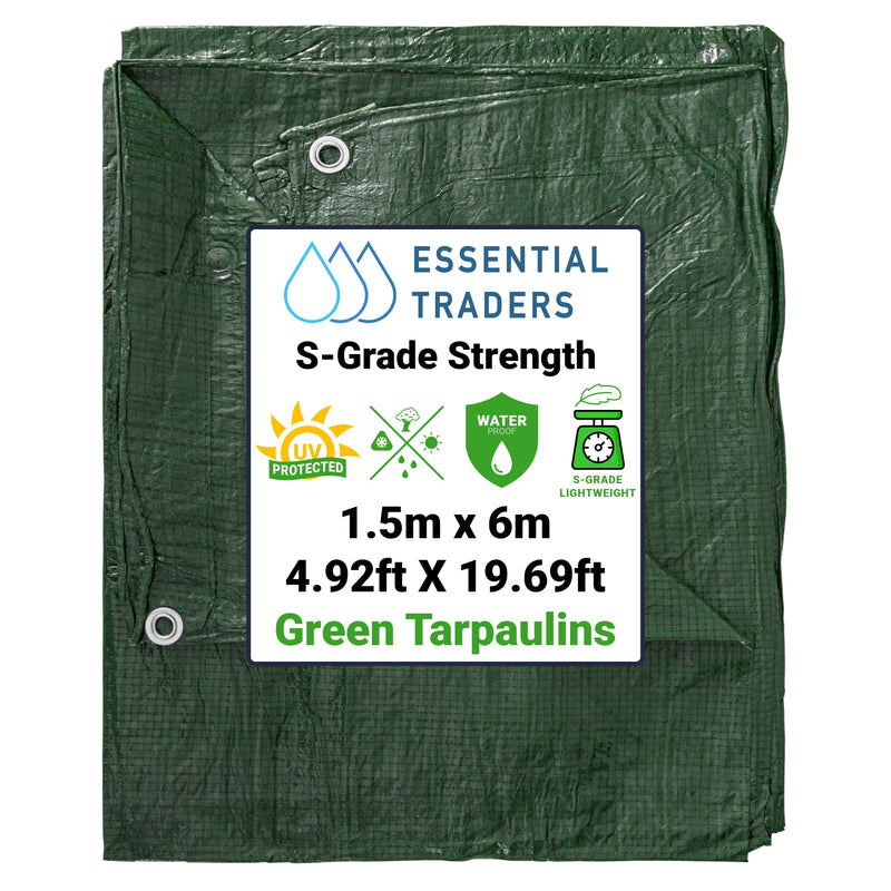 1.5m x 6m Green Tarpaulins, S-Grade 50 GSM