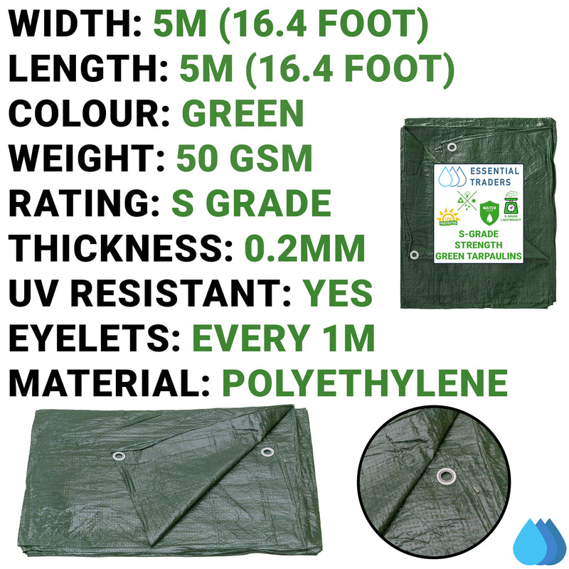5m x 5m Green Tarpaulins, S-Grade 50 GSM