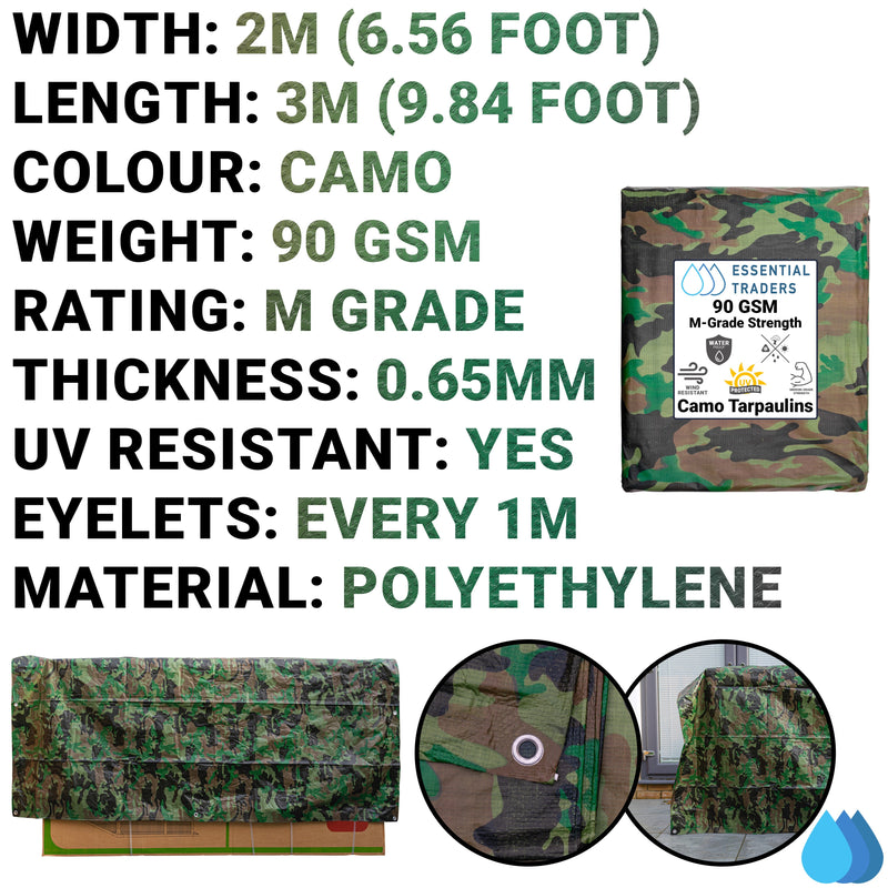 2m x 3m Camouflage Tarpaulins, M-Grade 90 GSM
