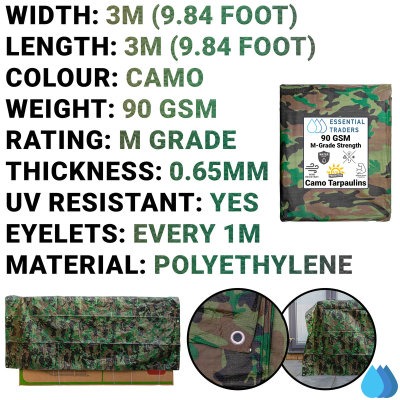 3m x 3m Camouflage Tarpaulins, M-Grade 90 GSM