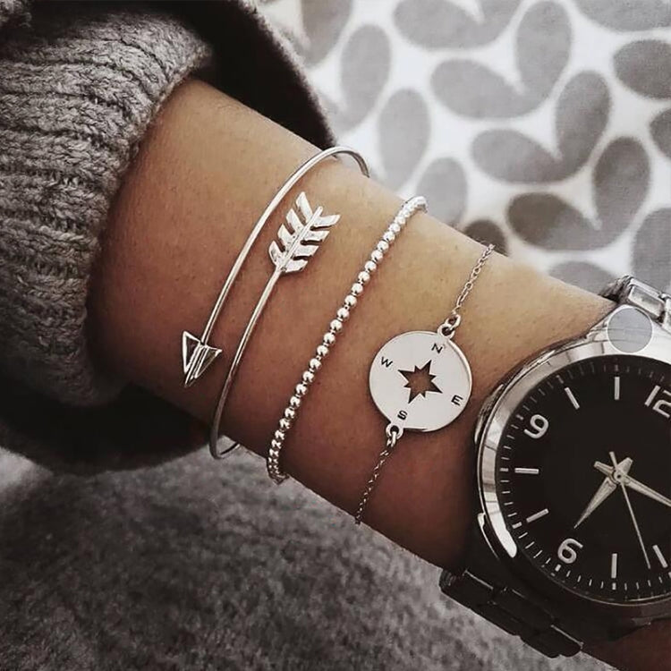 3pcs / Set Silver Bohemian Hollow Arrow Compass Beads Chain for Women