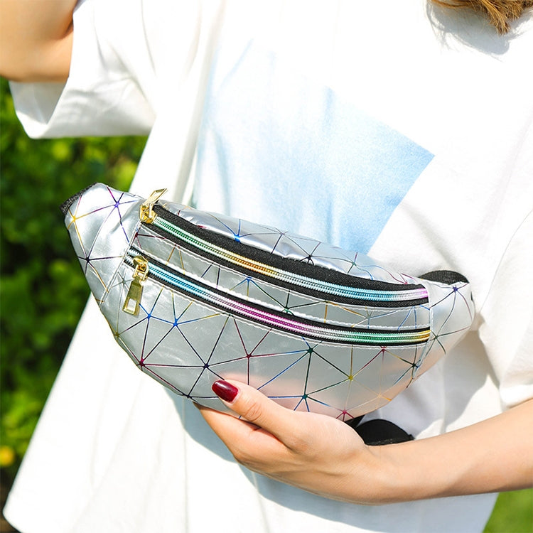 Laser Pattern PU Leather Waist Bags Women Fanny Pack Single Shoulder Bag, Double Zipper Rhombus (Black ), Double Zipper Rhombus (Pink), Double Zipper Rhombus (Sliver)