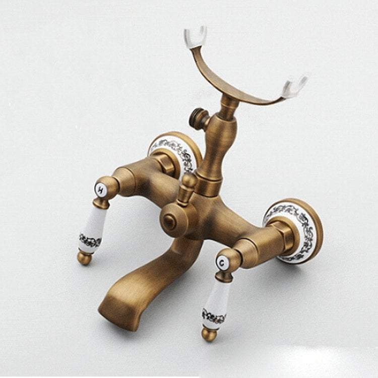 Antique Brass Wall Mounted Bathroom Tub Faucet Dual Ceramics Handles Telephone Style Hand Shower, Blue and White Telephone Shower, Telephone Shower + Fixed Seat, Telephone Shower + Blue and White Fixed Seat