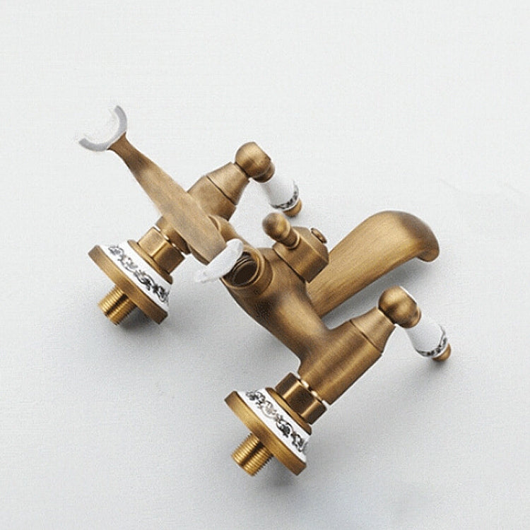 Antique Brass Wall Mounted Bathroom Tub Faucet Dual Ceramics Handles Telephone Style Hand Shower, Blue and White Telephone Shower, Telephone Shower + Fixed Seat, Telephone Shower + Blue and White Fixed Seat