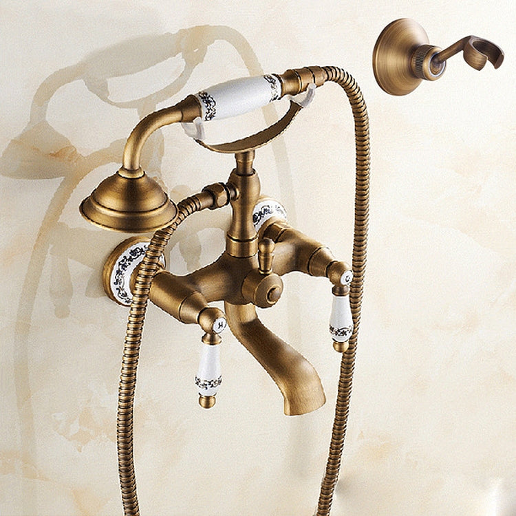 Antique Brass Wall Mounted Bathroom Tub Faucet Dual Ceramics Handles Telephone Style Hand Shower, Blue and White Telephone Shower, Telephone Shower + Fixed Seat, Telephone Shower + Blue and White Fixed Seat