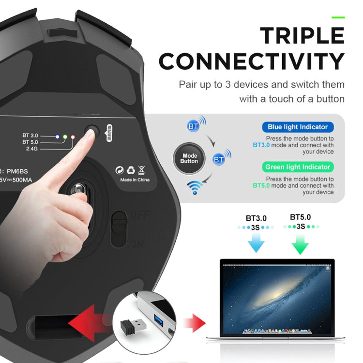 Inphic A1 6 Keys 1000/1200/1600 DPI Home Gaming Wireless Mechanical Mouse, Colour: Gray Wireless+Bluetooth 4.0+Bluetooth 5.0, Black Wireless Charging Silent Version, Gray Wireless Charging Silent Version, Gray Wireless+Bluetooth 4.0+Bluetooth 5.0...