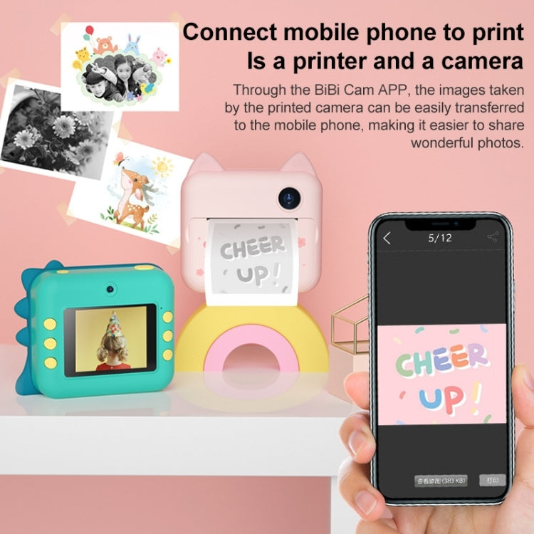 P1 No Card Children Instant Camera 1200W Front And Rear Dual-Lens Mini Print Photographic Digital Camera Toy(Green Dinosaur), Green Dinosaur No Card, Pink Cat No Card, Green Dinosaur 16GB, Pink Cat 16GB, Pink Cat 32GB, Green Dinosaur 32GB