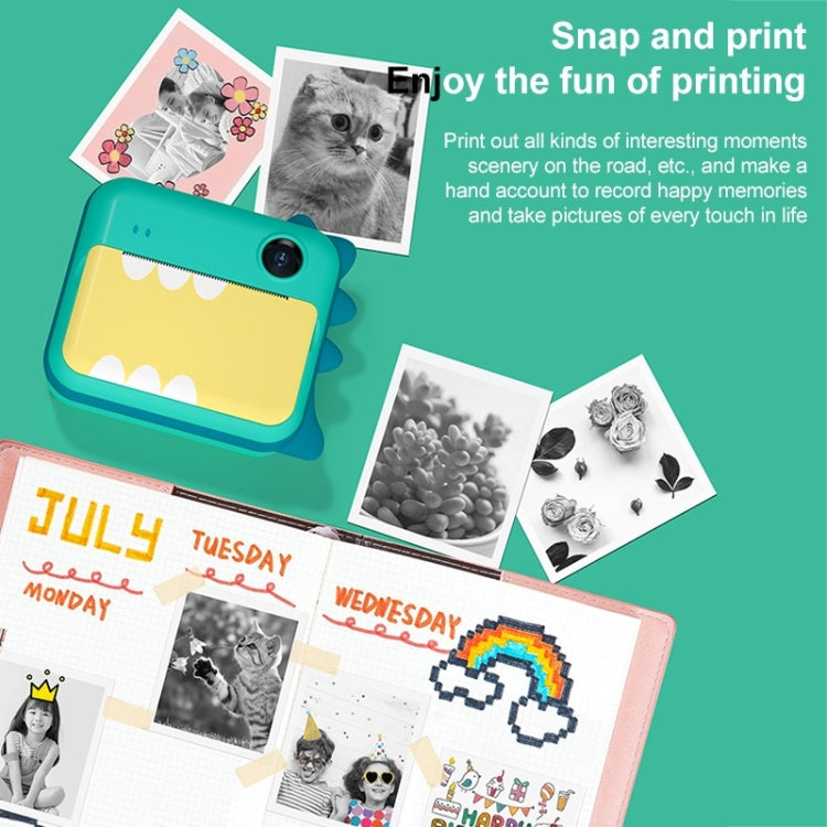 P1 No Card Children Instant Camera 1200W Front And Rear Dual-Lens Mini Print Photographic Digital Camera Toy(Green Dinosaur), Green Dinosaur No Card, Pink Cat No Card, Green Dinosaur 16GB, Pink Cat 16GB, Pink Cat 32GB, Green Dinosaur 32GB