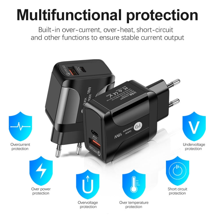 18W PD + QC 3.0 Fast Charge Travel Charger Power Adapter With LED Indication Function, EU Plug Black, US Plug Black, UK Plug Black, EU Plug White, US Plug White, UK Plug White