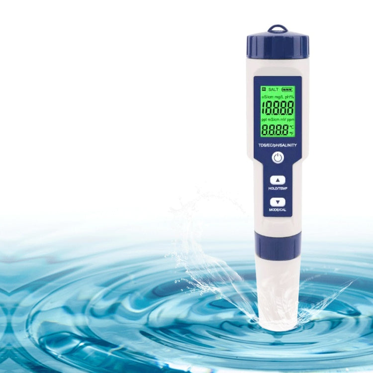 EZ-9909 PH/Salinity/Temperature/TDS/EC 5-in-1 Test Pen Multifunctional Water Quality Detector, 5-in-1 Test Pen