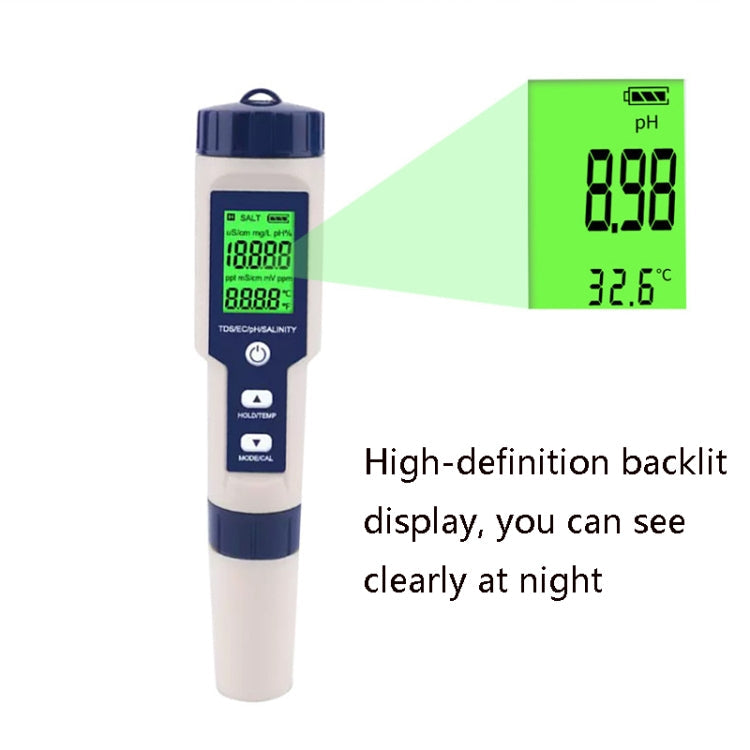 EZ-9909 PH/Salinity/Temperature/TDS/EC 5-in-1 Test Pen Multifunctional Water Quality Detector, 5-in-1 Test Pen
