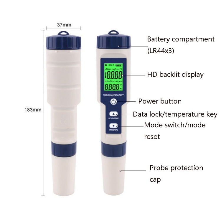 EZ-9909 PH/Salinity/Temperature/TDS/EC 5-in-1 Test Pen Multifunctional Water Quality Detector, 5-in-1 Test Pen
