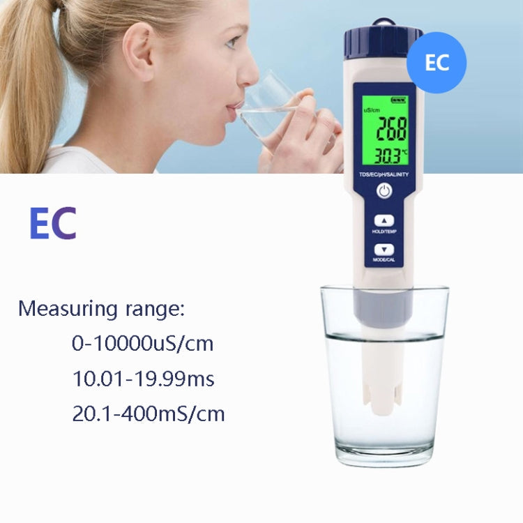 EZ-9909 PH/Salinity/Temperature/TDS/EC 5-in-1 Test Pen Multifunctional Water Quality Detector, 5-in-1 Test Pen