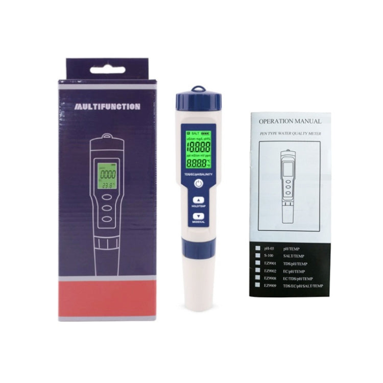 EZ-9909 PH/Salinity/Temperature/TDS/EC 5-in-1 Test Pen Multifunctional Water Quality Detector, 5-in-1 Test Pen
