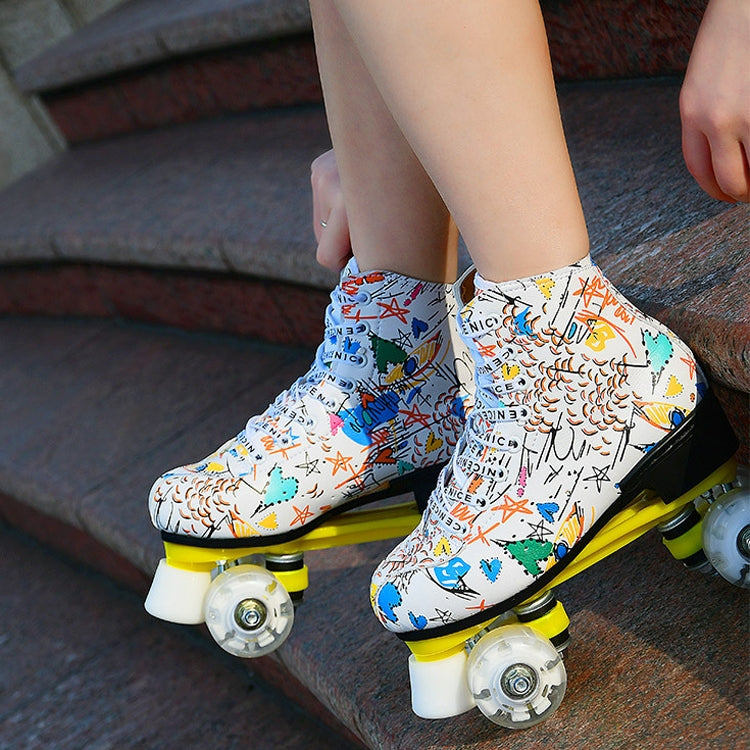 Adult Children Graffiti Roller Skates Shoes Double Row Four-Wheel Roller Skates Shoes, 34, 35, 36, 37, 38, 39, 40, 41, 42, 43, 44
