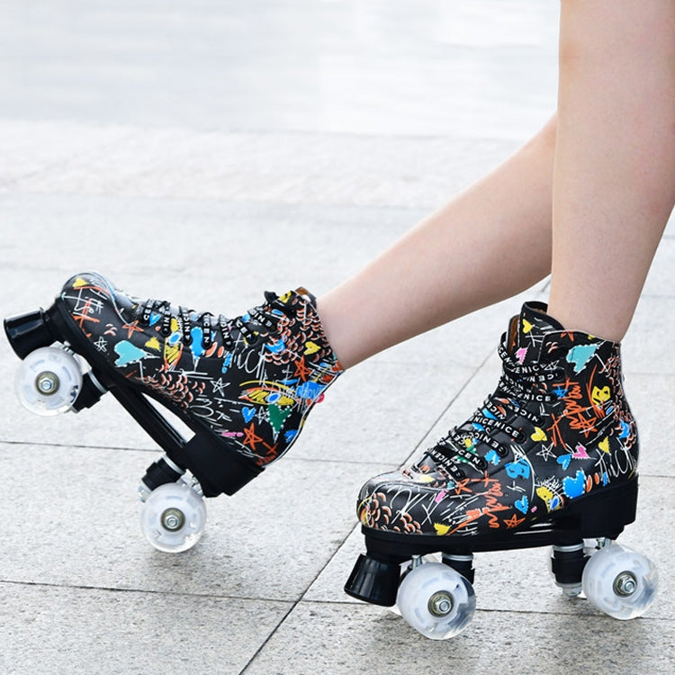 Adult Children Graffiti Roller Skates Shoes Double Row Four-Wheel Roller Skates Shoes, 34, 35, 36, 37, 38, 39, 40, 41, 42, 43, 44