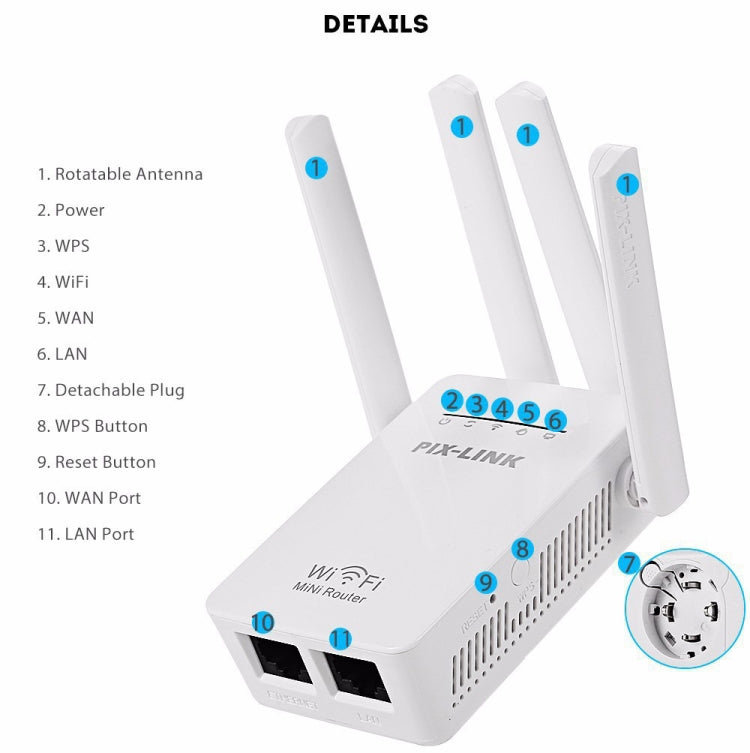 PIX-LINK LV-WR09 300Mbps WiFi Range Extender Repeater Mini Router, US Pulg, EU Plug, UK Plug, AU Plug
