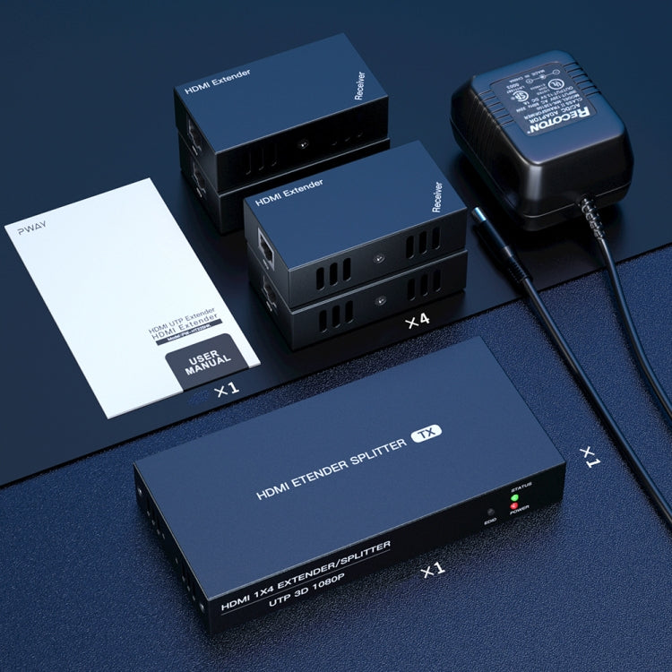 60m 1x4 HDMI Splitter POC Distribution Extender Supports 1080P@60Hz, UK Plug, US Plug, EU Plug, AU Plug