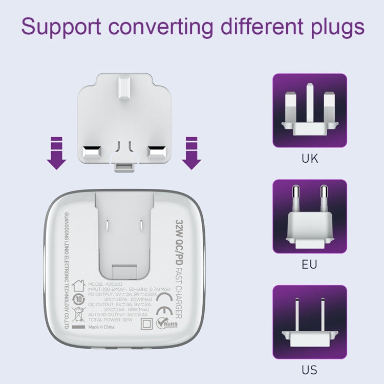 LDNIO A3513Q 32W QC3.0 3 USB Ports Phone Adapter, EU Plug with Micro USB Cable, EU Plug with 8 Pin Cable, EU Plug with Type-C Cable, EU Plug with Type C to 8 Pin Cable, UK Plug with Micro USB Cable, UK Plug with 8 Pin Cable, UK Plug with Type-C Cable...