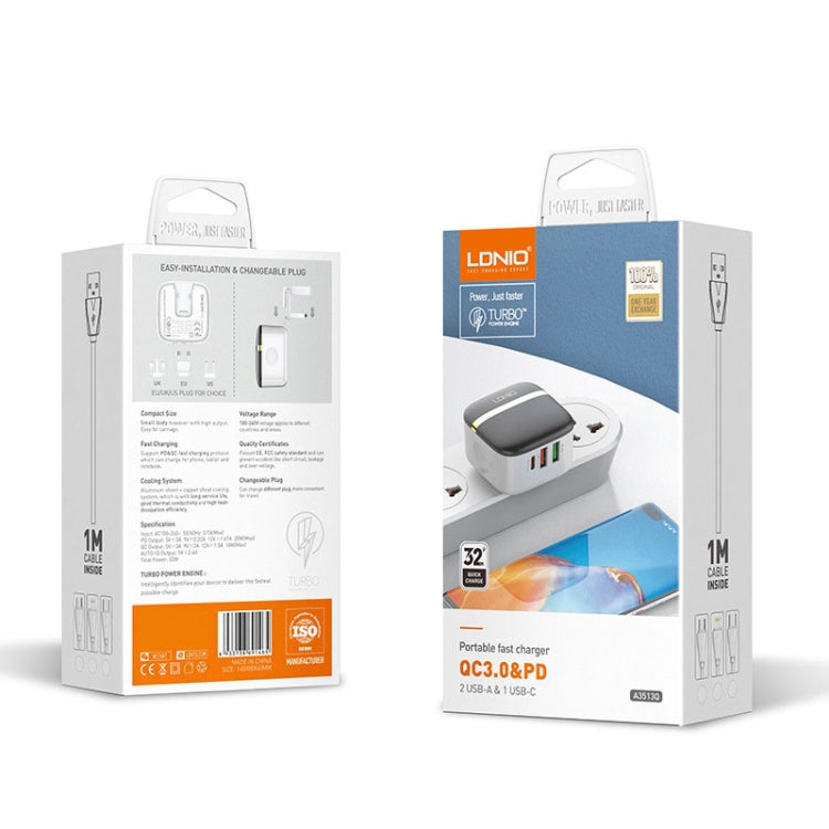 LDNIO A3513Q 32W QC3.0 3 USB Ports Phone Adapter, EU Plug with Micro USB Cable, EU Plug with 8 Pin Cable, EU Plug with Type-C Cable, EU Plug with Type C to 8 Pin Cable, UK Plug with Micro USB Cable, UK Plug with 8 Pin Cable, UK Plug with Type-C Cable...