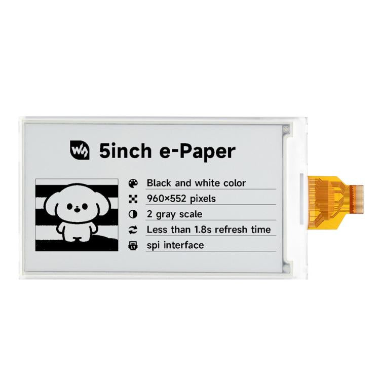 Waveshare 5inch E-Paper Display 960×552 Resolution, SPI Interface Compatible With Raspberry Pi GPIO, Display Only, With Driver HAT