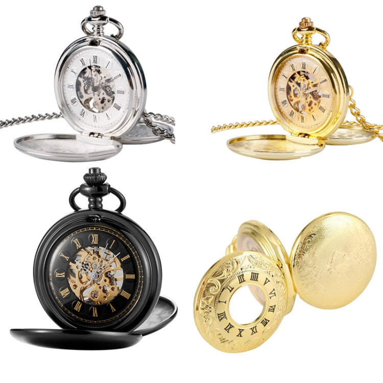 pm240 Classic Double Open Double Face Vintage Manual Mechanical Pocket Watch with Roman Lettering, Black Shell Black Face Gold Movement, Silver Shell Silver Face Silver Movement, Gold Shell Gold Face Movement, Round Opening Gold Shell Gold Face
