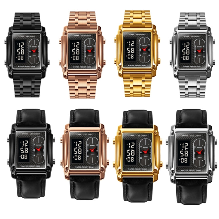 SKMEI 1868 Square Double Display Waterproof Men Watch, Style:, Steel Belt (Black), Leather Belt (Black), Steel Belt (Rose Gold), Leather Belt (Rose Gold), Steel Belt (Gold), Leather Belt (Gold), Steel Belt (Silver), Leather Belt (Silver)