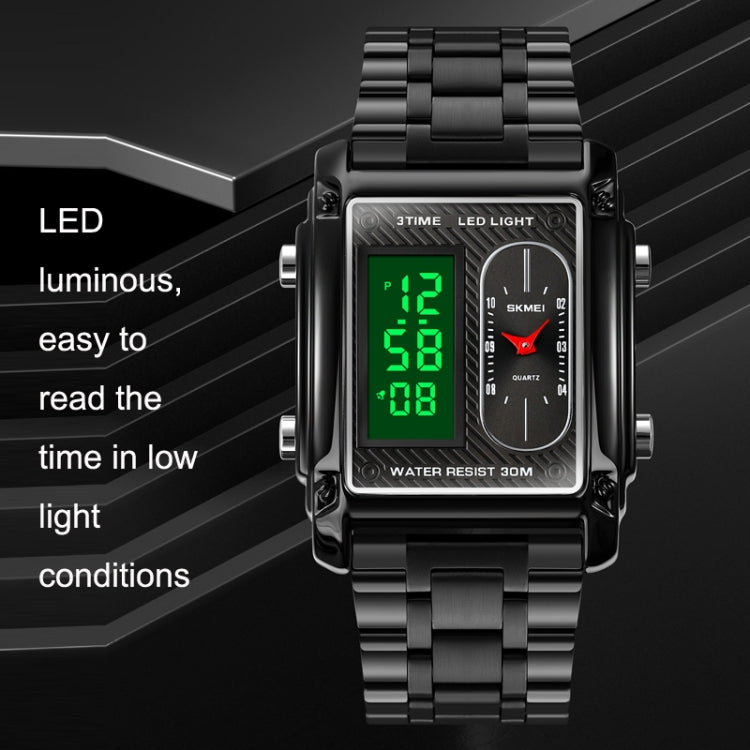 SKMEI 1868 Square Double Display Waterproof Men Watch, Style:, Steel Belt (Black), Leather Belt (Black), Steel Belt (Rose Gold), Leather Belt (Rose Gold), Steel Belt (Gold), Leather Belt (Gold), Steel Belt (Silver), Leather Belt (Silver)