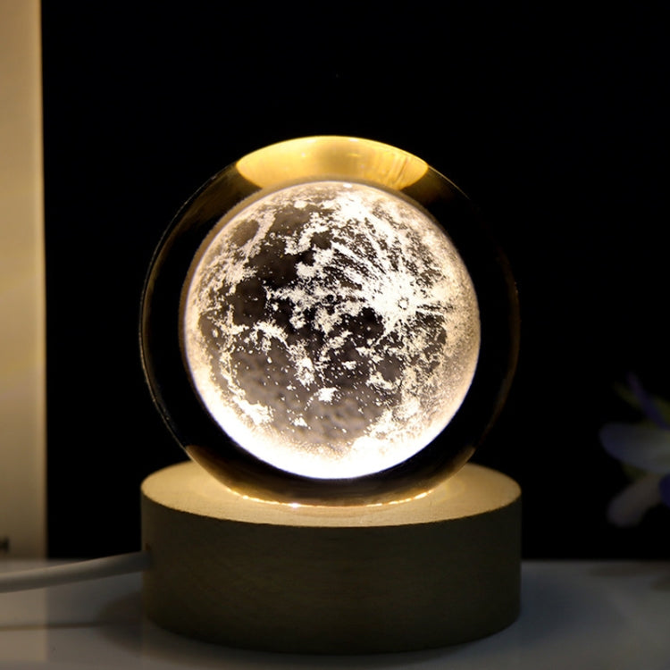 6cm With Warm Light Base 3D Laser Engraved Crystal Ball Night Light USB Glowing Glass Ball, Solar System, Saturn, Moon