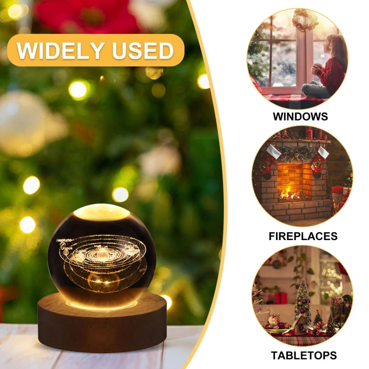 6cm With Warm Light Base 3D Laser Engraved Crystal Ball Night Light USB Glowing Glass Ball, Solar System, Saturn, Moon
