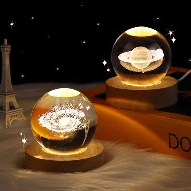 6cm With Warm Light Base 3D Laser Engraved Crystal Ball Night Light USB Glowing Glass Ball, Solar System, Saturn, Moon