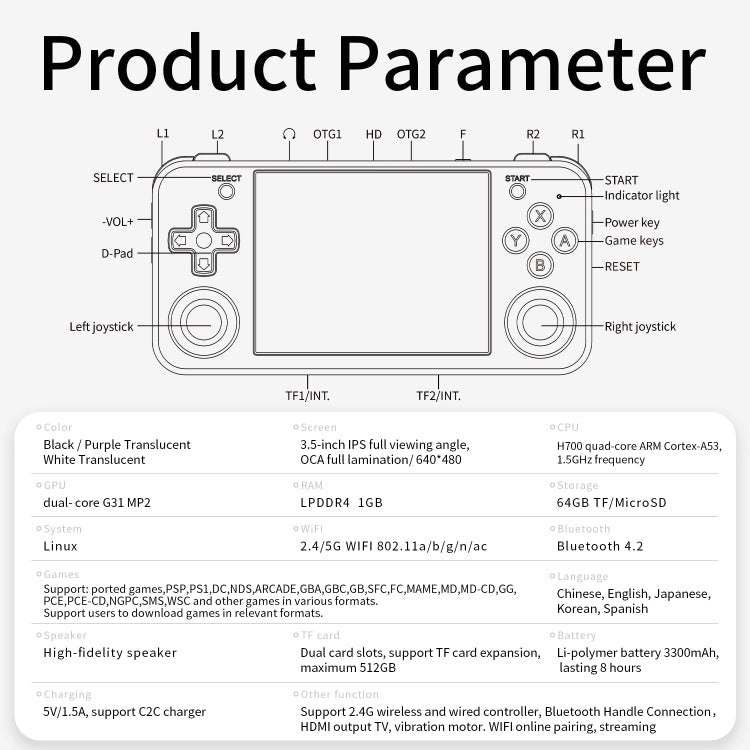 ANBERNIC RG35XX H Handheld Game Console 3.5 Inch IPS Screen Linux System 64GB(Transparent White)