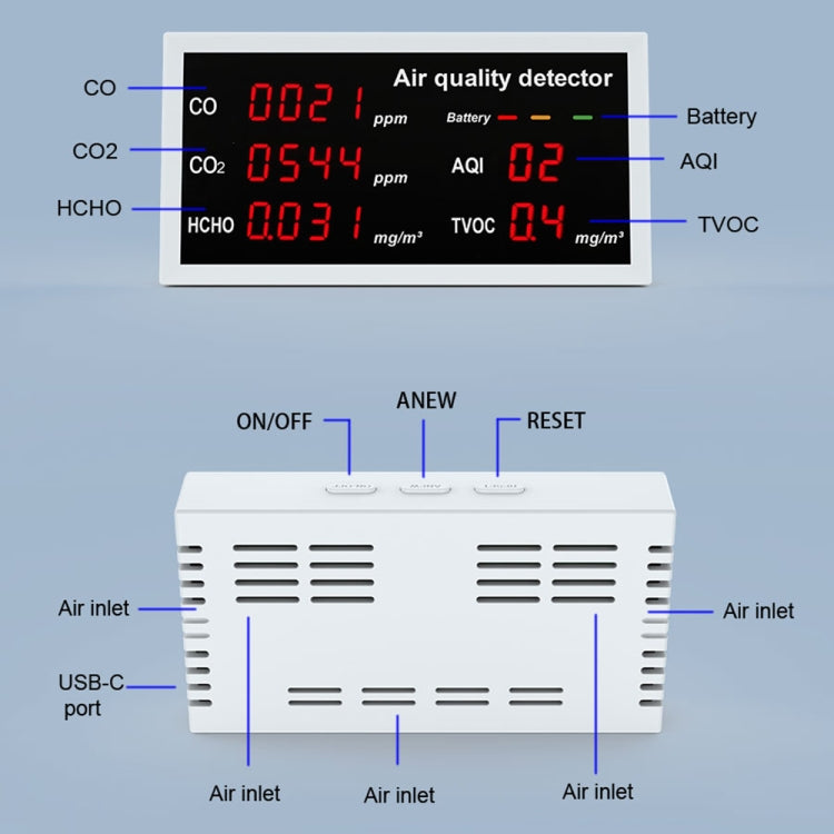 5-in-1 Indoor Home Portable Air Monitor TVOC Formaldehyde Detector, 5-in-1(White), 5-in-1(Light Gray)