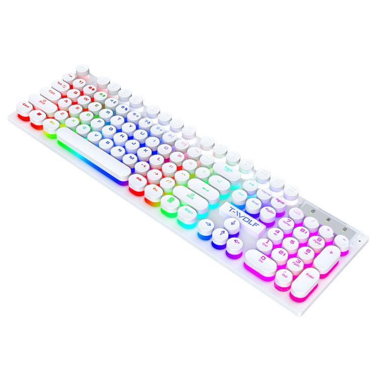 T-WOLF T80 104-Keys RGB Illuminated Office Game Wired Punk Retro Keyboard, Color: White