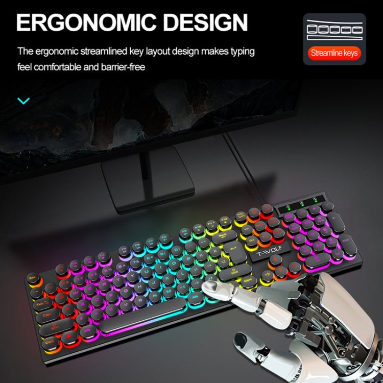 T-WOLF T80 104-Keys RGB Illuminated Office Game Wired Punk Retro Keyboard, Color: Black