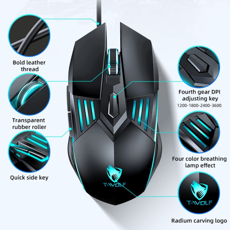 T-WOLF G560 6-keys Cool Breathing Light Gaming Wired Mouse Mechanical Office Silent Mouse(Black)